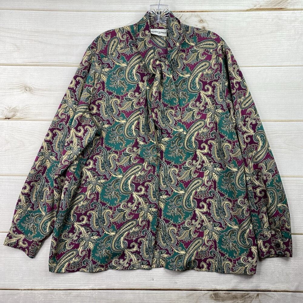 Vintage 90s Alfred Dunner Top Plus 18W Purple Green Paisley Button Up Tie Neck